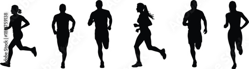 Running silhouettes of men and women, athletic motion, fitness concept, sports activity, jogging posture, health lifestyle, isolated white background