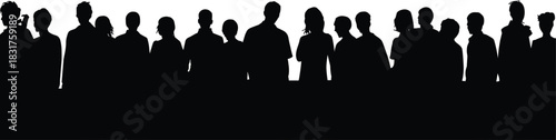 Silhouettes of twenty people, diverse postures, standing side by side, community concept, unity, anonymity, hairstyle variety, human shapes