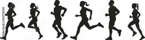 Running silhouettes, athletic motion, fitness diversity, male and female runners, sports activity, healthy lifestyle, jogging posture, workout energy, active people, exercise form