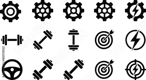 Fitness and energy icons, gym gear, dumbbells, barbells, lightning bolt, target symbol, mechanical gears, workout tools, power symbols, training set