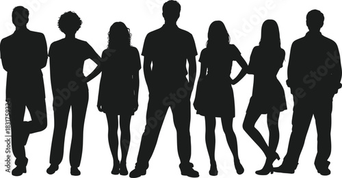 Silhouettes of seven people, standing side by side, diverse postures, group unity, anonymity, black figures, human shapes, crowd concept