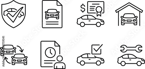Car ownership icons, vehicle insurance, maintenance symbols, garage, trade-in, inspection, financing, rental, document, repair, black line art