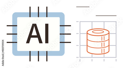 AI processor alongside stacked database graphic on grid design emphasizes advanced data management. Ideal for machine learning, data science, automation, cloud computing, innovation, analytics