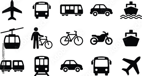 Transportation icons set, travel modes, airplane, bus, train, car, ship, motorcycle, bicycle, gondola, pixel style, mobility symbols