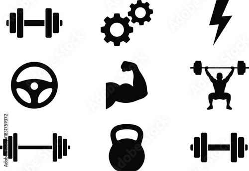 Fitness and strength icons, gym gear, barbells, kettlebell, flexed arm, lightning bolt, gears, workout tools, training symbols, power