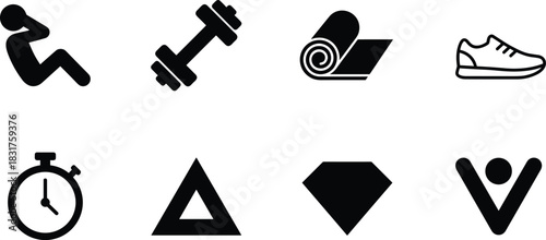 Fitness icons set, workout symbols, gym gear, sit-up pose, dumbbell, yoga mat, running shoe, stopwatch, achievement figure, training