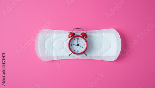 Small red alarm clock on a sanitary pad symbolizing the menstrual cycle and women's health, shot in a top-down flat lay view on a vibrant pink background