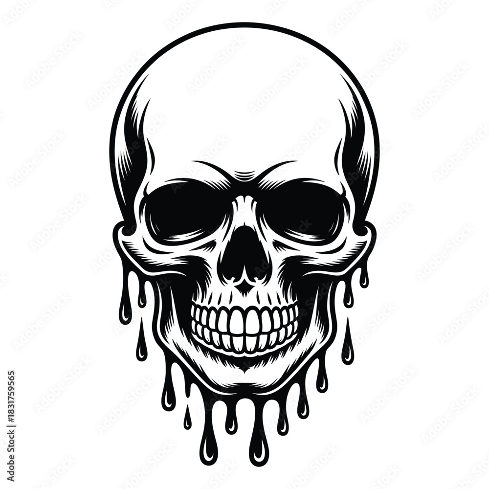 Fototapeta premium Black and white illustration of a human skull with dripping liquid effect