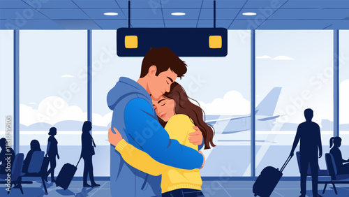 Illustration of a couple embracing at the airport, symbolizing farewell, travel, love, affection, and relationships, departure