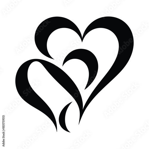 Two stylized black hearts intertwined in a romantic, elegant design, for graphic use or tattoo concept