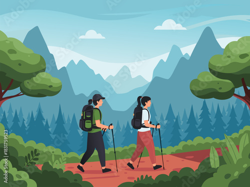 Man and woman hiking together on a scenic mountain path, flat cartoon vector illustration of a summer adventure and active lifestyle ee