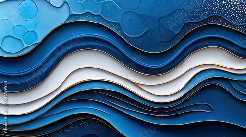 An abstract artwork featuring flowing blue waves with white highlights and gold accents. The design has a fluid, artistic aesthetic.