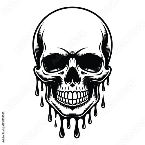Black and white illustration of a human skull with dripping liquid effect