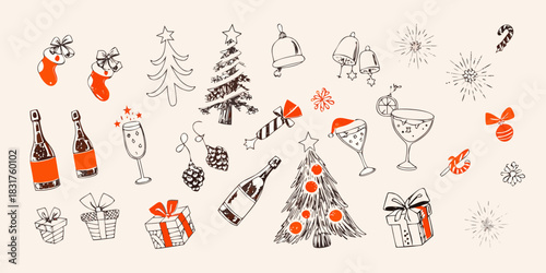 Hand drawn christmas and new year celebration elements on beige background