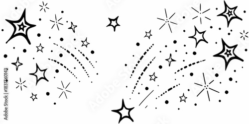 Hand drawn starry sky with shooting stars and dots in black and white