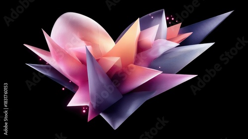 An abstract 3D geometric composition featuring sharp angles and gradients of pink, purple, and orange against a black background.