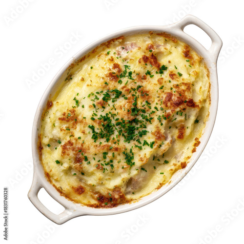 Fototapeta Naklejka Na Ścianę i Meble -  Savory Brandade Parmentier, delicious brandade de morue casserole with creamy mashed potato. warm comfort food