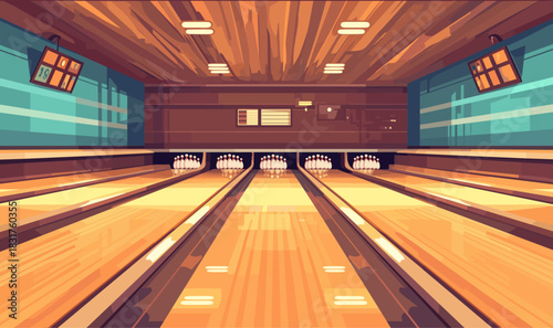 Beautiful cartoon bowling alley, vector illustration