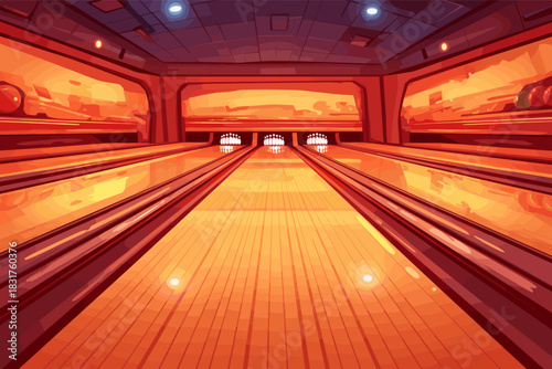 Beautiful cartoon bowling alley, vector illustration
