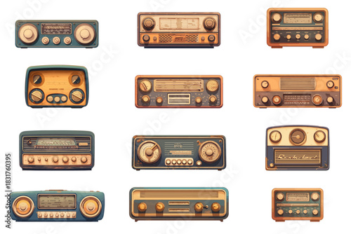 Set of old vintage radios, vector illustration
