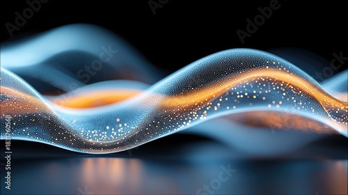 Abstract image of glowing waves with particles against a dark background.