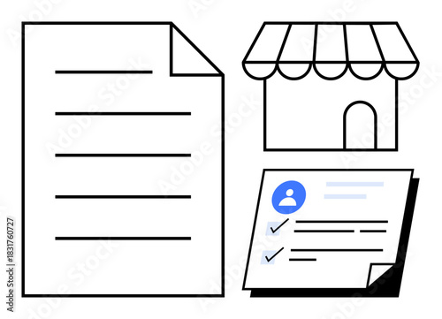Paper document, storefront with awning, and user checklist highlight business operations, profile management, tasks. Ideal for small business, organization, commerce, planning data management