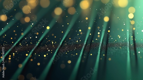 An abstract image featuring a textured green surface with diagonal lines, bokeh, and light effects.