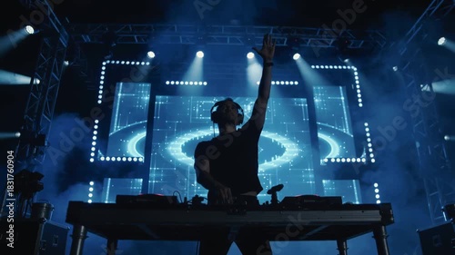 DJ mixing music at festival - Show, concert, party and disco night concept - Model by AI generative