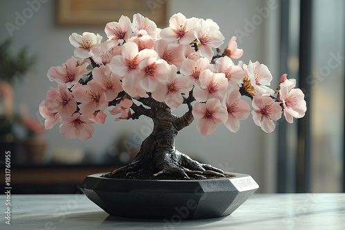 Cherry Blossom Bonsai Displayed on Three Elegant Pedestals