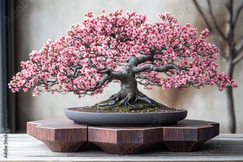 Decorative Bonsai with Blossoms Set on Geometric Pedestals