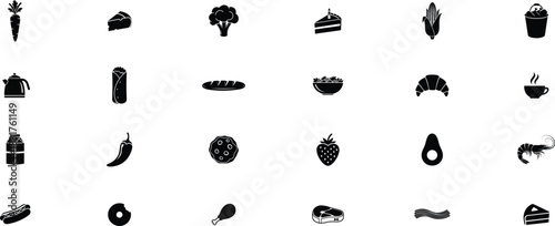 Collection of various food and drink icons in black and white