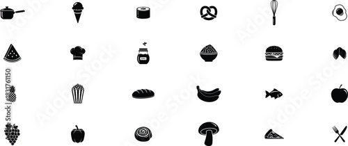 Collection of various food and drink items in black and white silhouettes