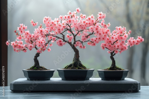 Blossoming Bonsai in Black Pot atop Sculpted Display Stands
