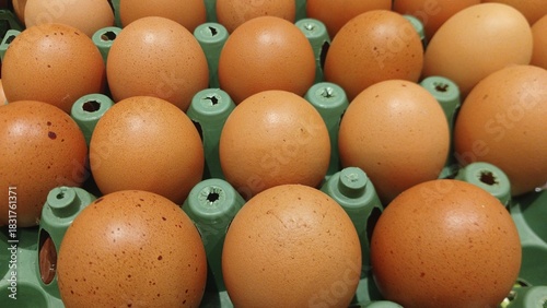 Close-up of fresh brown chicken eggs arranged in a carton, ready for cooking or baking
