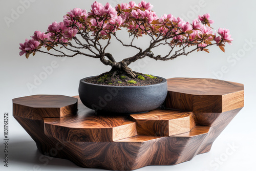 Serene Bonsai Tree Resting on Hexagonal Sculptural Stands