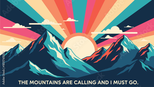 Retro Mountain Landscape Illustration with Sunrise – Adventure Quote Artwork