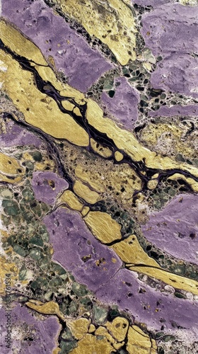 Close-up of a decorative marble surface featuring gold and purple colors. The abstract pattern is visually striking and textured.