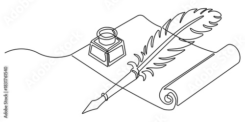 Continuous one line drawing of a quill, inkwell, and scroll. Minimalist art conveying vintage writing and history. Vector illustration, Editable stroke
