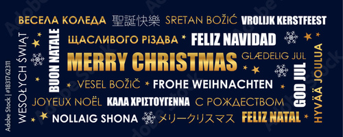merry christmas greeting card with text in different languages vector illustration