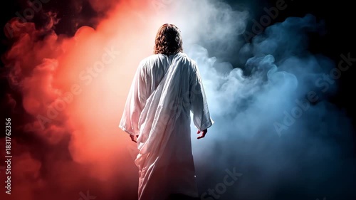A figure in a white robe resembling Jesus Christ walks surrounded by swirling blue and red smoke in a dramatic atmosphere