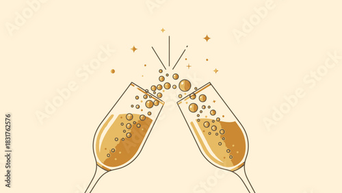 Golden champagne glasses toasting celebration for a happy new year or successful business achievement with sparkling bubbly