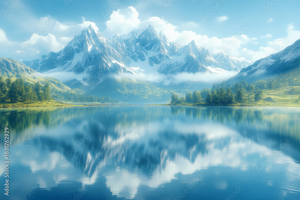 Fototapeta premium 雪山が湖面に映る静寂の幻想的な風景