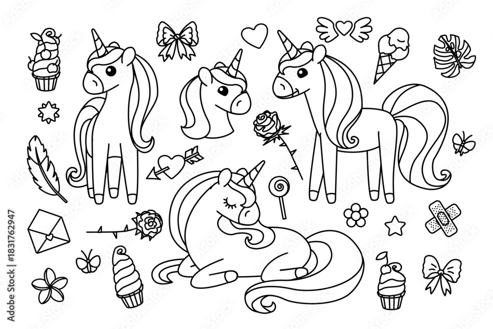 Fototapeta premium vector cartoon cute unicorns set. Coloring book on transparent background 