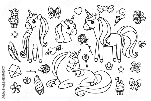 vector cartoon cute unicorns set. Coloring book on transparent background
