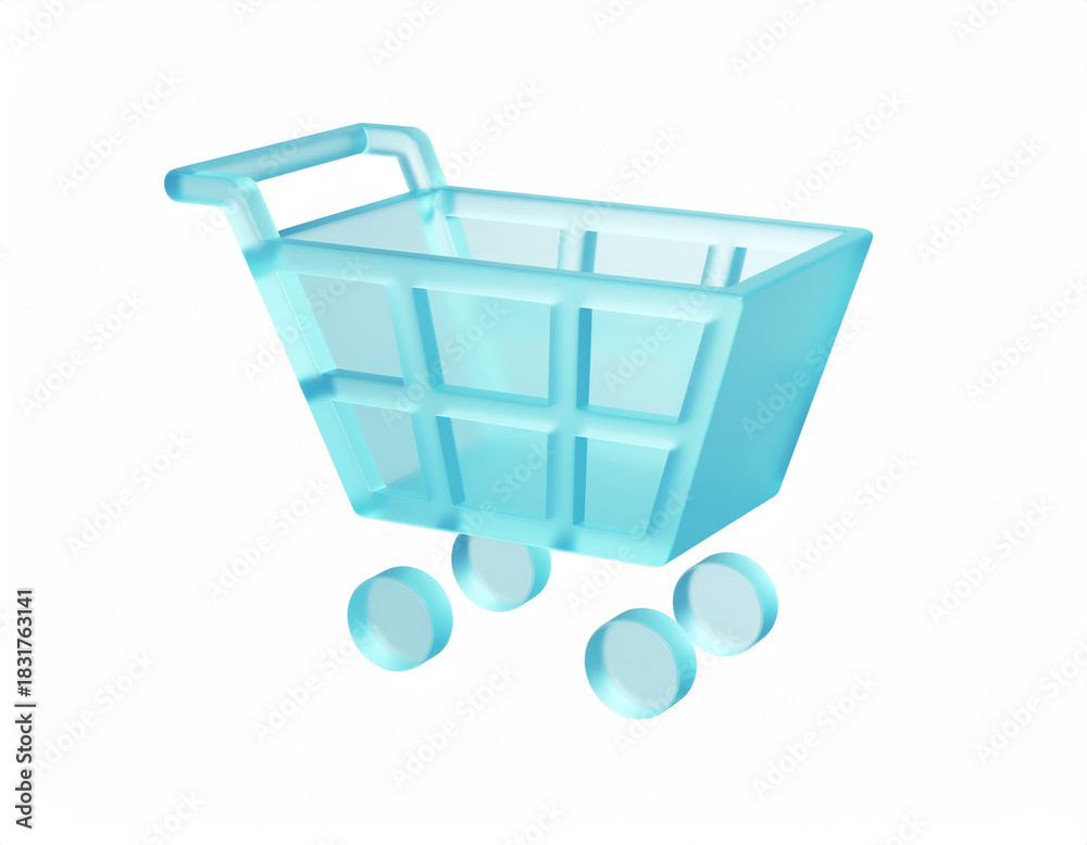 Fototapeta premium Isometric matte-glass translucent blue shopping cart icon with four wheels, grid sides and handle — modern e‑commerce UI symbol for cart, checkout, and online shopping.