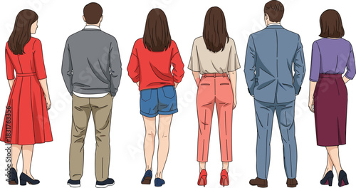 Back View Diverse Group of Six People Vector Illustration Standing Poses Rear View of Women and Men in Casual and Business Attire