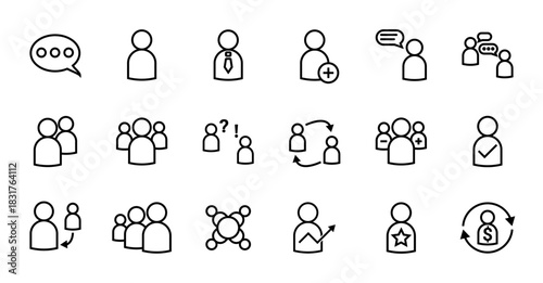 A set of user and team management line icons. This collection includes symbols for social media, HR, and communication, such as add user, group chat, verified profile, and business growth.