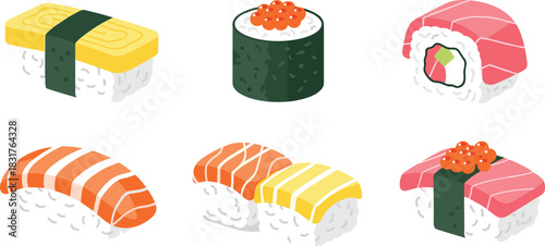Isometric Sushi Set Vector Illustration Nigiri Maki Rolls Japanese Cuisine Food Collection Graphic Design Elements Seafood Rice Delicious