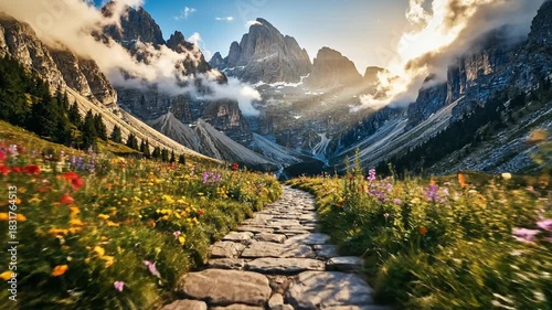 Scenic mountain path with wildflowers under bright sunlight and clouds