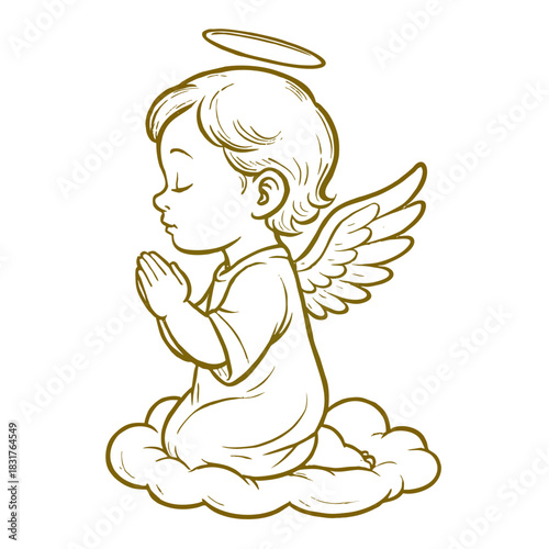 Praying Baby Angel Line Art on Cloud